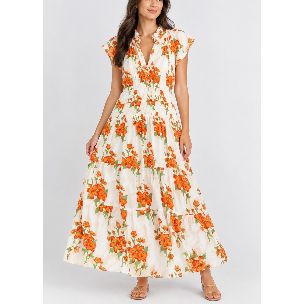 Victoria Dunn Dress Womens 2XL White Floral V Neck Ruffle Midi Sundress Boho